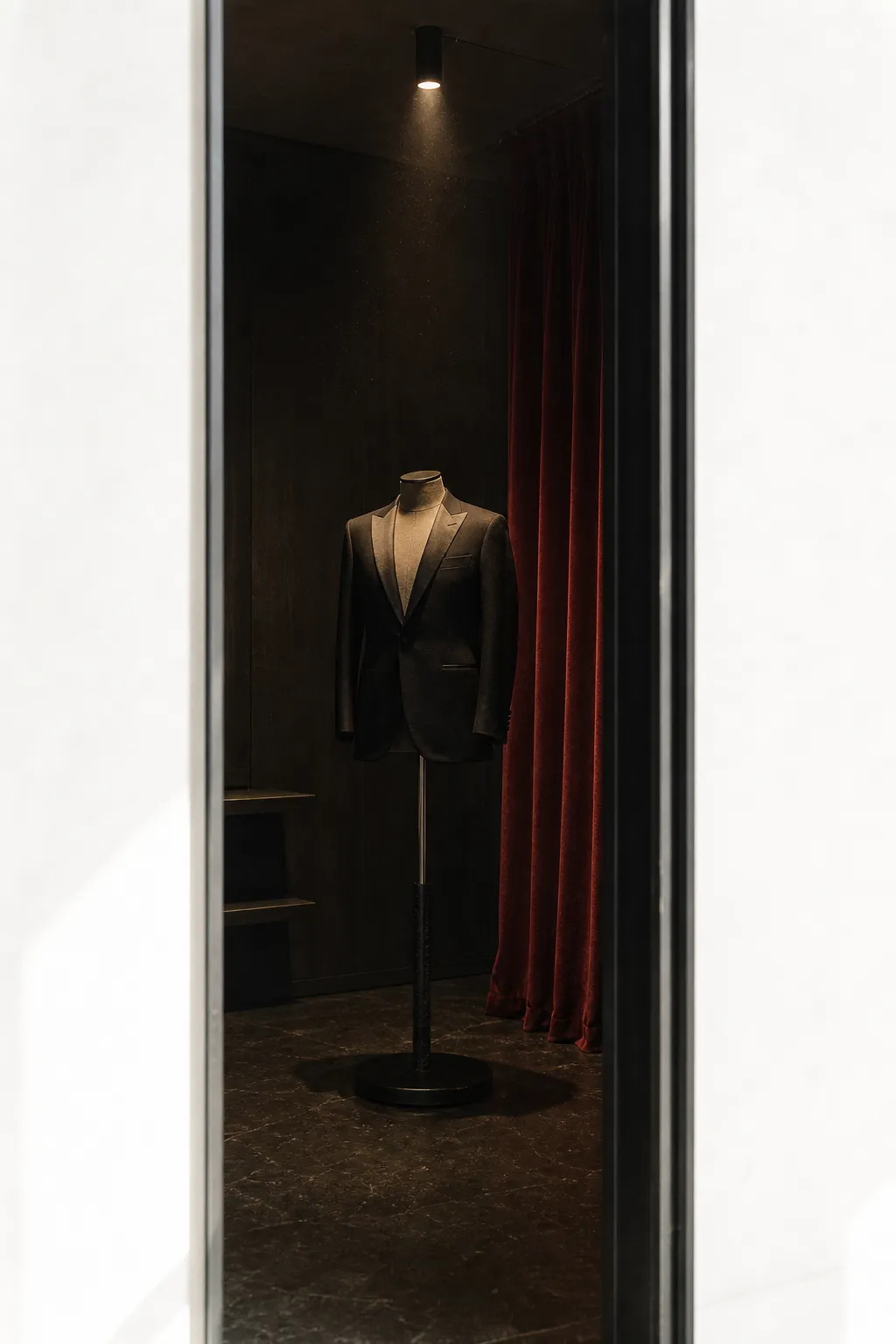 Взгляд сквозь тёмную раму в тёмный кабинет: чёрный костюм bespoke под тёплым спотом, глубокая карминовая бархатная штора, каменный пол